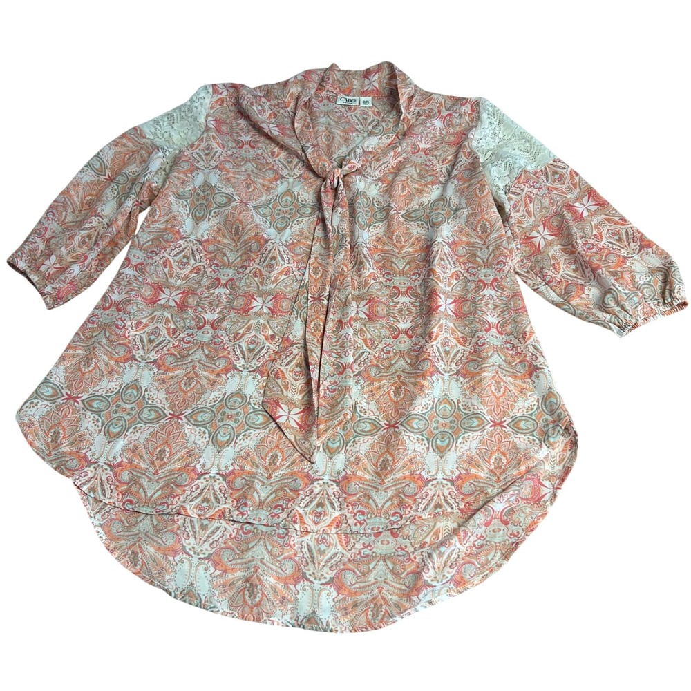 Cato Womens Blouse 14/16W Plus Orange Paisley Tie Neck Lace Shoulder 3/4 Sleeve